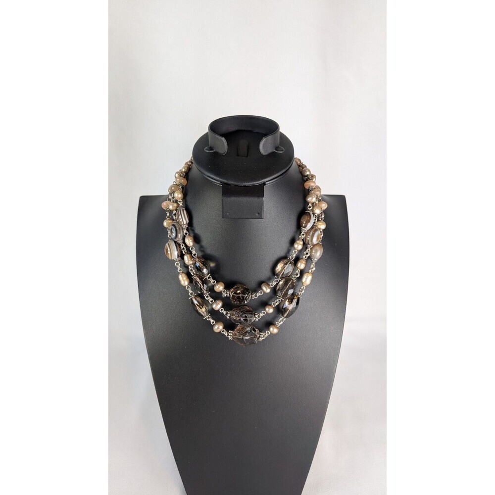 Vintage Stephen Dweck Necklace Triple Strand Smoky Quartz Sterling Silver Estate